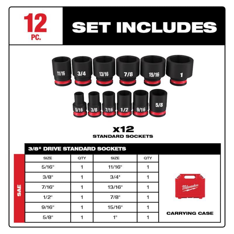 Milwaukee Shockwave 3/8 in. drive SAE 6 Point Standard Impact Rated Shallow Socket Set 12 pc