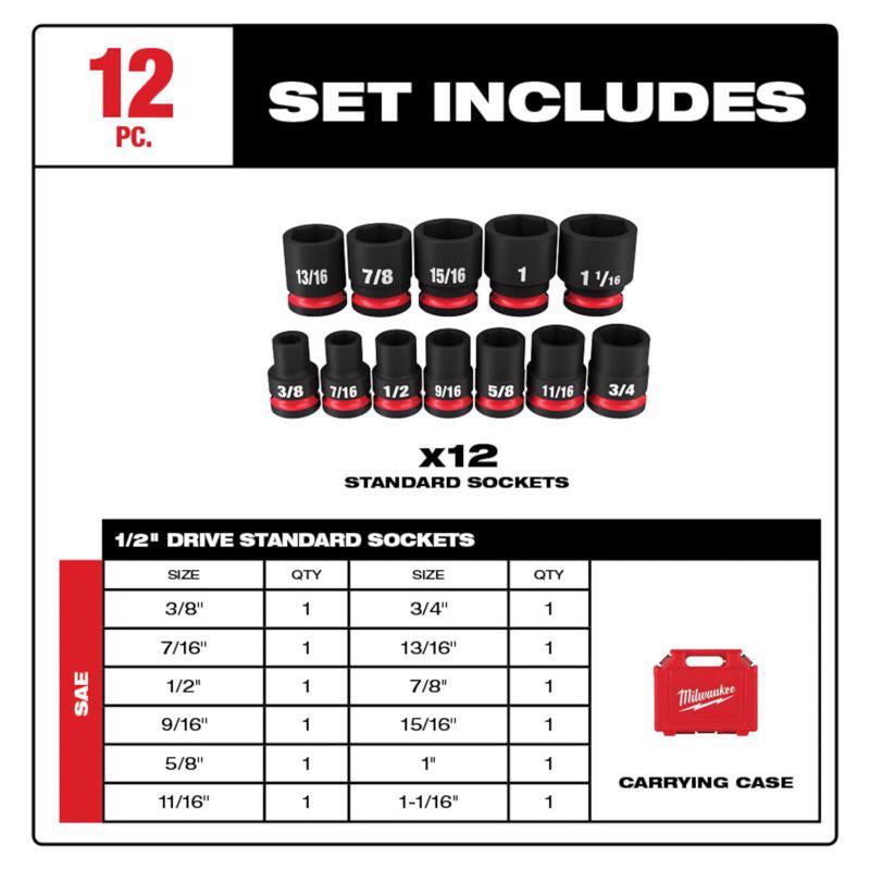 Milwaukee Shockwave 1/2 in. drive SAE 6 Point Standard Impact Rated Shallow Socket Set 12 pc