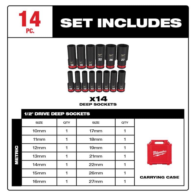 Milwaukee Shockwave 1/2 in. drive Metric 6 Point Impact Rated Deep Socket Set 14 pc