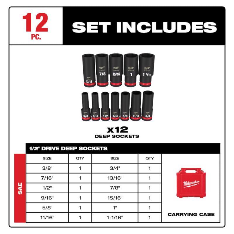 Milwaukee SHOCKWAVE 1/2 in. drive SAE 6 Point Impact Rated Deep Socket Set 12 pc
