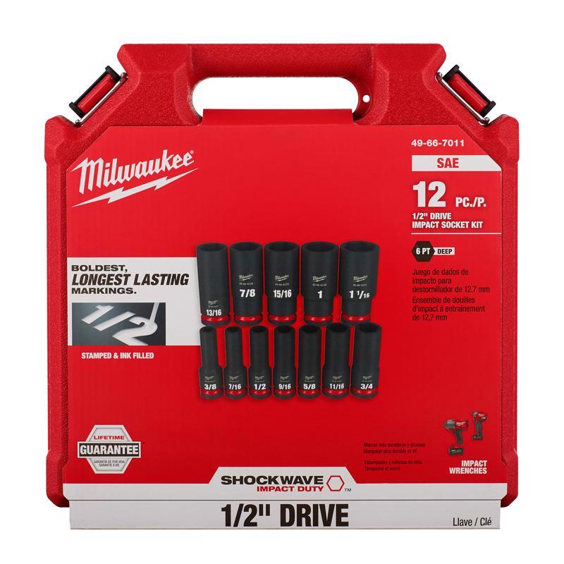 Milwaukee SHOCKWAVE 1/2 in. drive SAE 6 Point Impact Rated Deep Socket Set 12 pc
