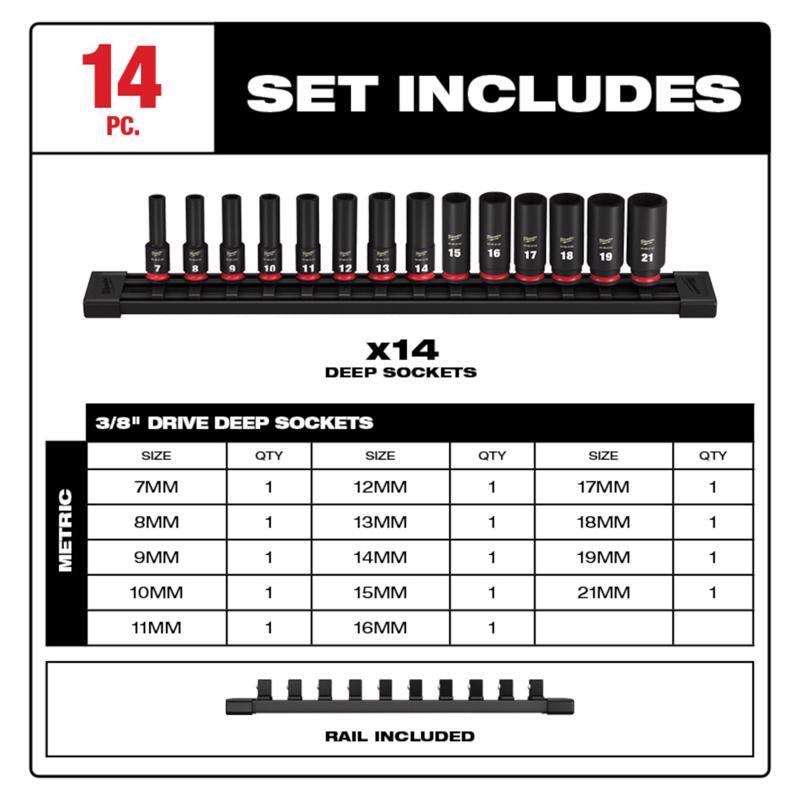 Milwaukee Shockwave 3/8 in. drive Metric 6 Point Impact Rated Deep Socket Set 14 pc