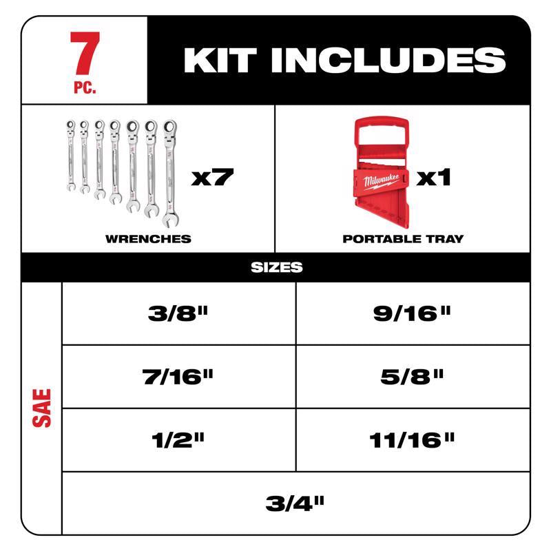 Milwaukee SAE Ratcheting Flex Head Combination Wrench Set 7 pc
