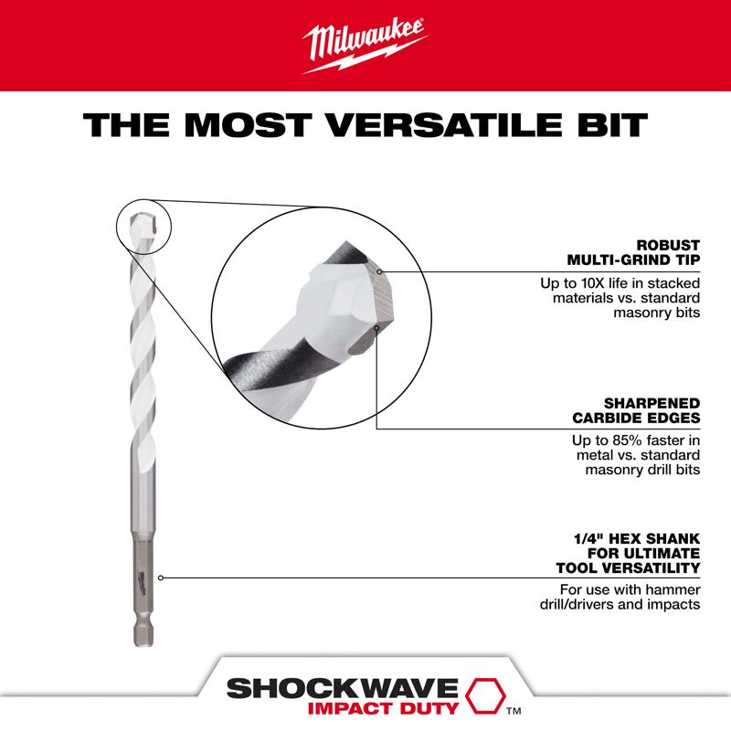 Milwaukee Shockwave 3/16 in. X 6 in. L Carbide Percussion Drill Bit Hex Shank