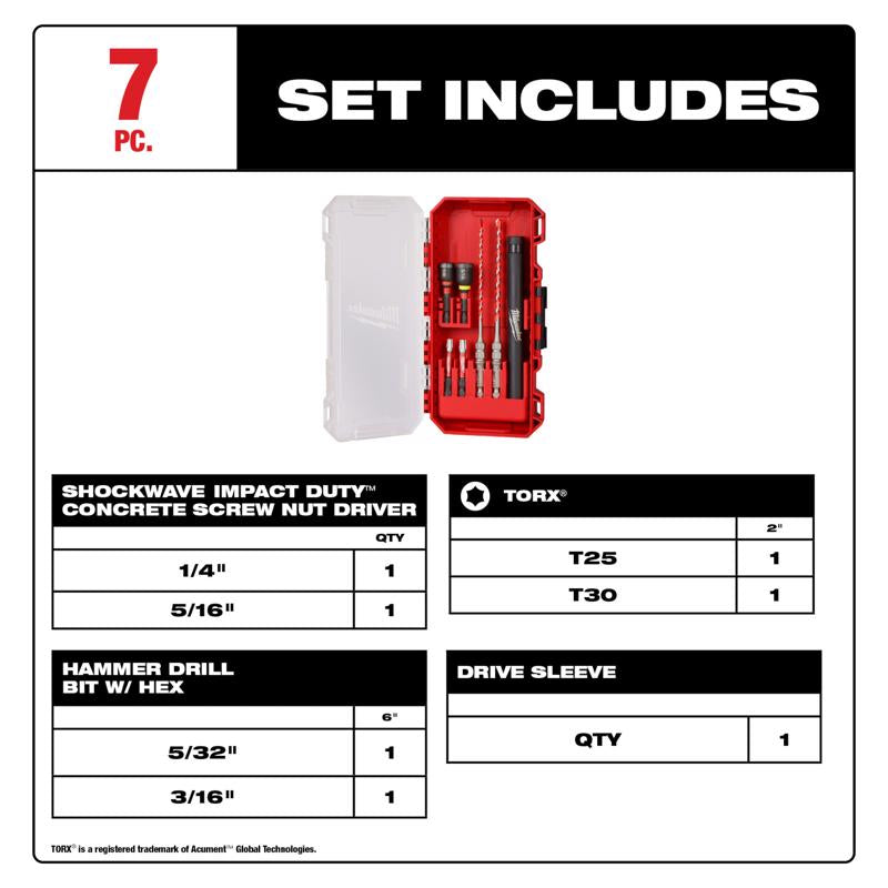 Milwaukee Shockwave 7.74 in. L Carbide Hammer Drill Bit Set Hex Shank 7 pc