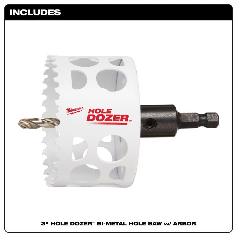 Milwaukee Hole Dozer 3 in. Bi-Metal 3.5 in. L X 1/4 in. D Hole Saw with Arbor and Pilot Bit