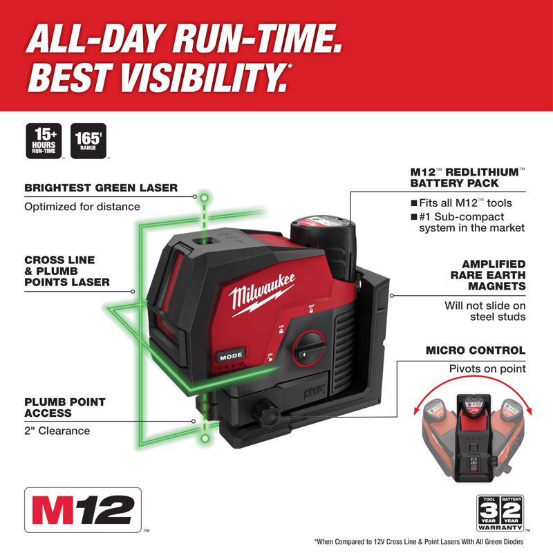 Milwaukee M12 2 beam Self Leveling Cross-Line Laser Kit 165 ft.