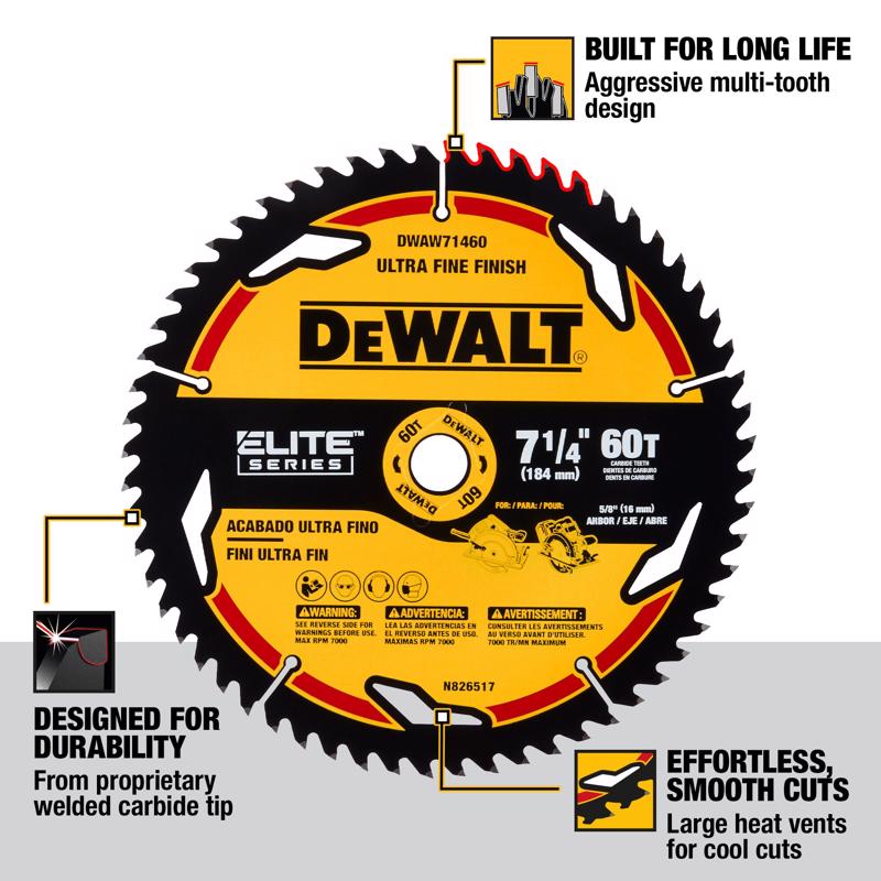 DeWalt Elite Series 7-1/4 in. D X 5/8 in. Tungsten Carbide Tipped Circular Saw Blade 60 teeth
