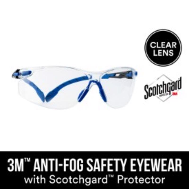 3M Scotchgard Anti-Fog Safety Glasses Clear Lens Black/Blue Frame