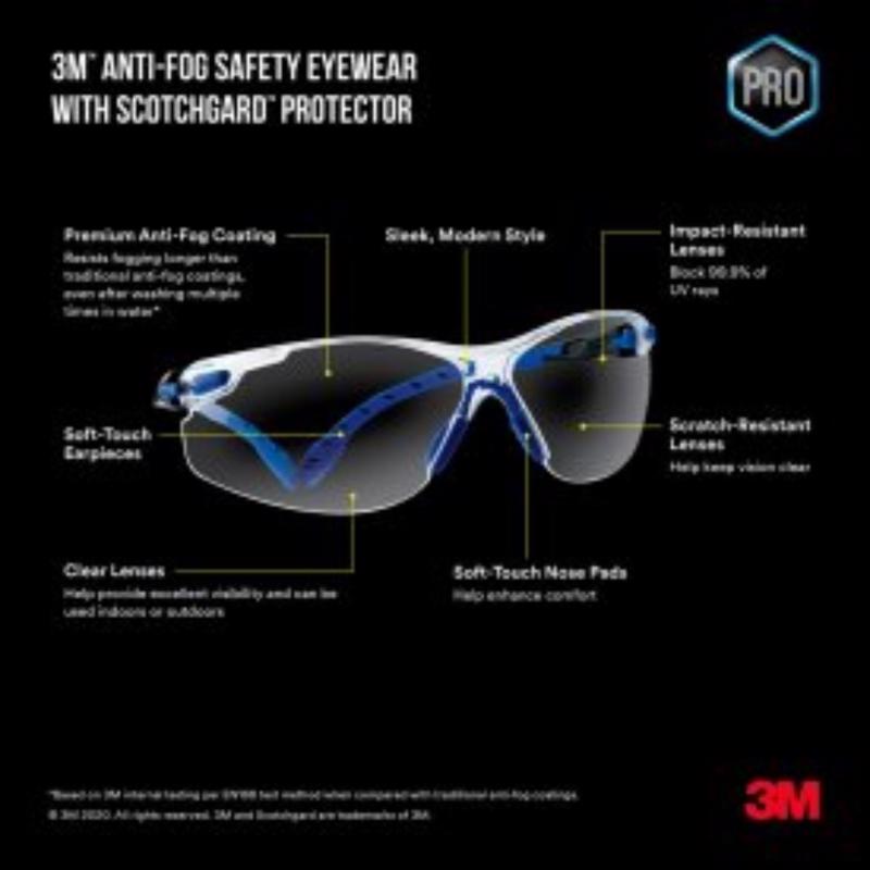 3M Scotchgard Anti-Fog Safety Glasses Clear Lens Black/Blue Frame