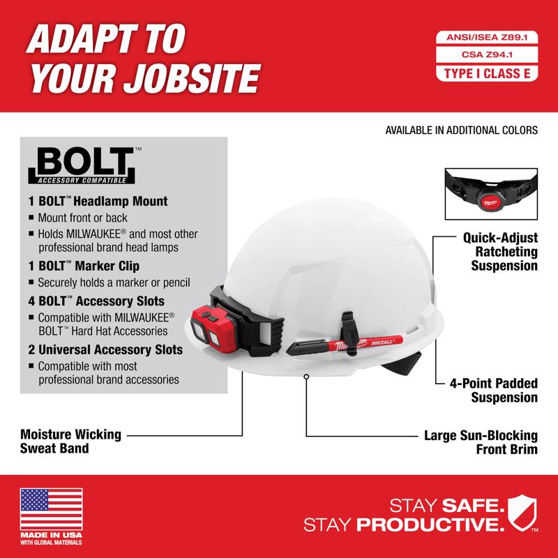 Milwaukee Bolt 4-Point Ratchet Type 1 Class E Non-Vented Front Brim Hard Hat White