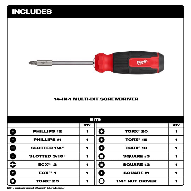 Milwaukee Hex Shank 14-in-1 Multi-Bit Screwdriver 9.11 in.