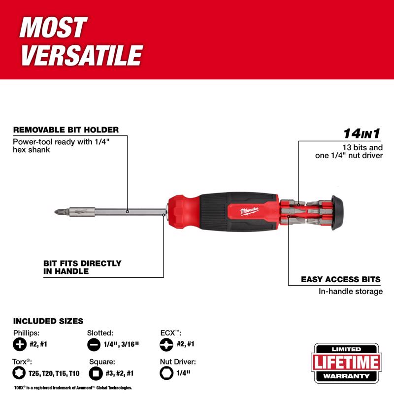 Milwaukee Hex Shank 14-in-1 Multi-Bit Screwdriver 9.11 in.