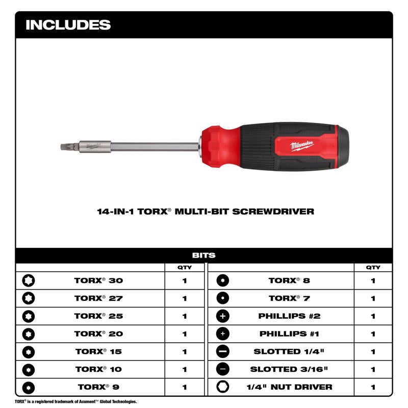 Milwaukee Torx Hex Shank 14-in-1 Multi-Bit Screwdriver 9.11 in.