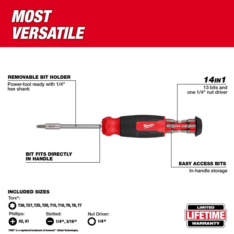 Milwaukee Torx Hex Shank 14-in-1 Multi-Bit Screwdriver 9.11 in.