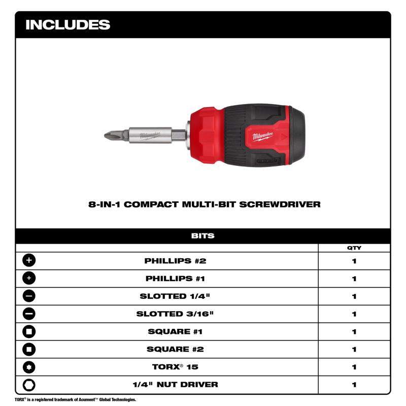 Milwaukee Hex Shank 8-in-1 Compact Multi-Bit Screwdriver 4.69 in.