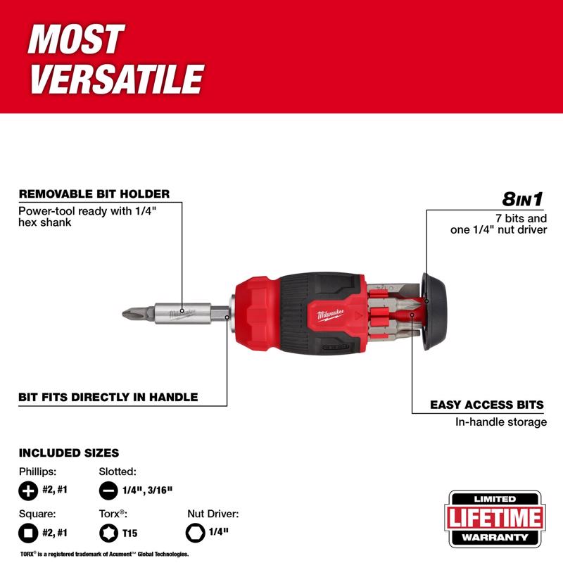 Milwaukee Hex Shank 8-in-1 Compact Multi-Bit Screwdriver 4.69 in.