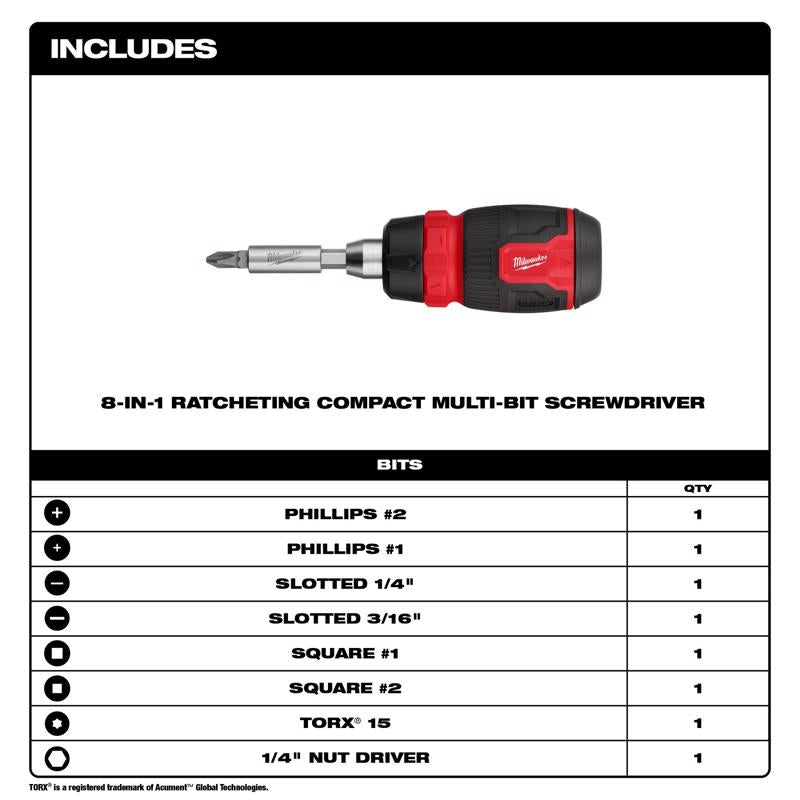 Milwaukee Hex Shank 8-in-1 Ratcheting Compact Multi-Bit Screwdriver 5.43 in.