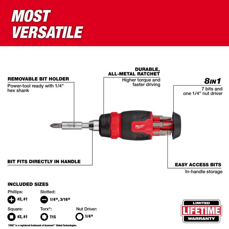 Milwaukee Hex Shank 8-in-1 Ratcheting Compact Multi-Bit Screwdriver 5.43 in.