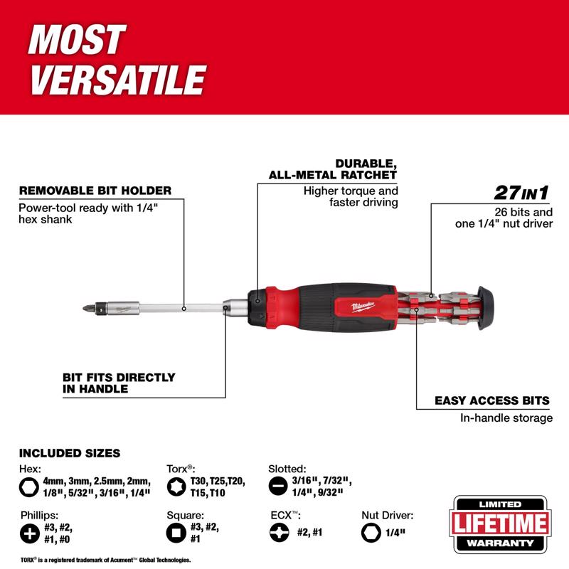 Milwaukee Hex Shank 27-in-1 Ratcheting Multi-Bit Screwdriver 10.12 in.
