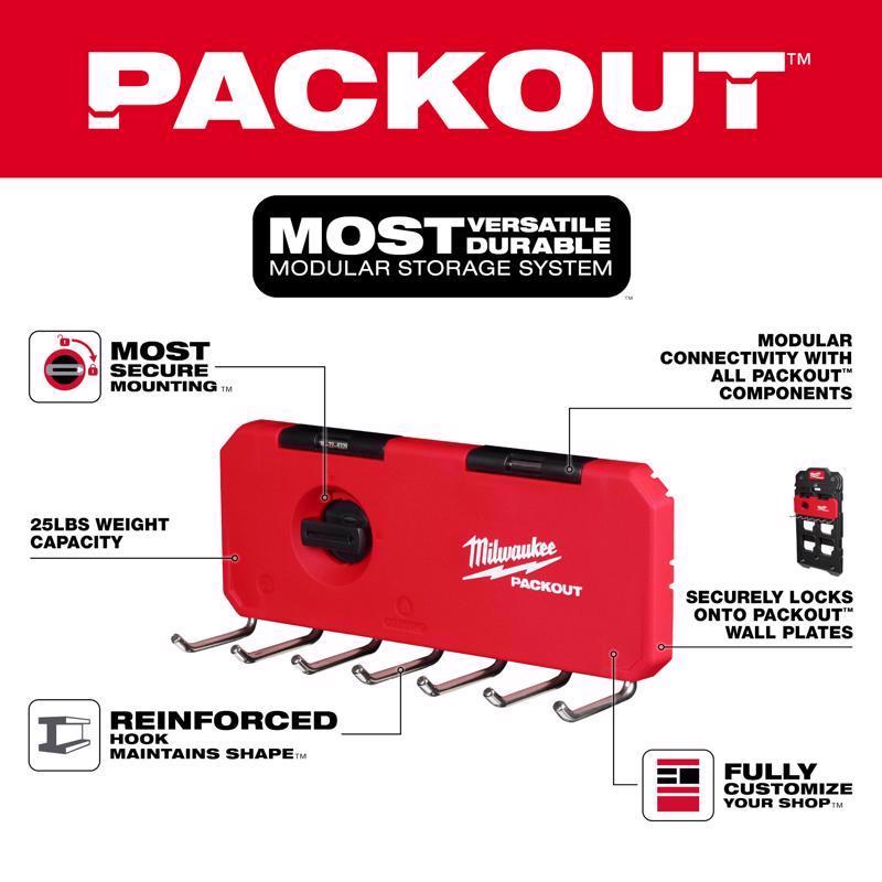 Milwaukee Packout Shop Storage Medium Black/Red Plastic 9.5 in. L Hook Rack 25 lb