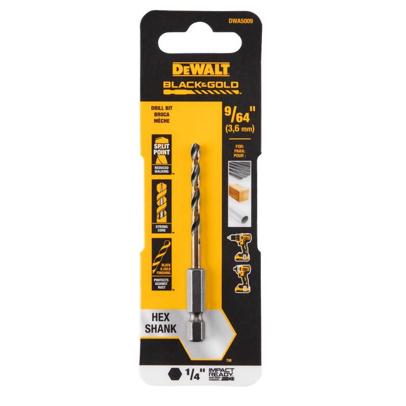 DeWalt Black & Gold 9/64 in. High Speed Steel Impact Ready Drill Bit Hex Shank