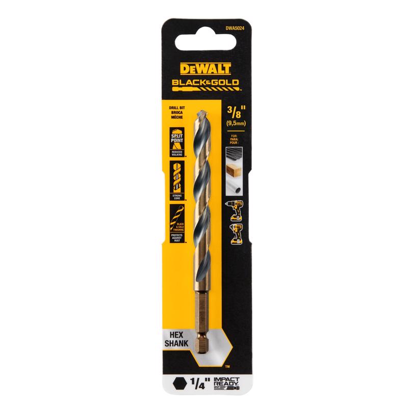 DeWalt Black & Gold 3/8 in. High Speed Steel Impact Ready Drill Bit Hex Shank