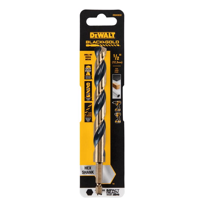 DeWalt Black & Gold 1/2 in. High Speed Steel Impact Ready Drill Bit Hex Shank