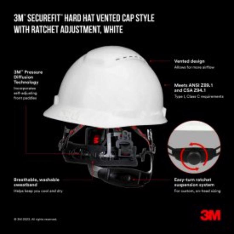 3M SecureFit 4-Point Ratchet Hard Hat White Vented