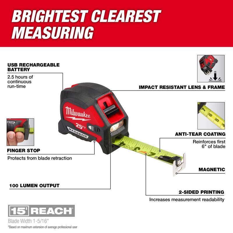Milwaukee 25 ft. L X 2.05 in. W Compact Wide Blade with LED Light Magnetic Tape Measure