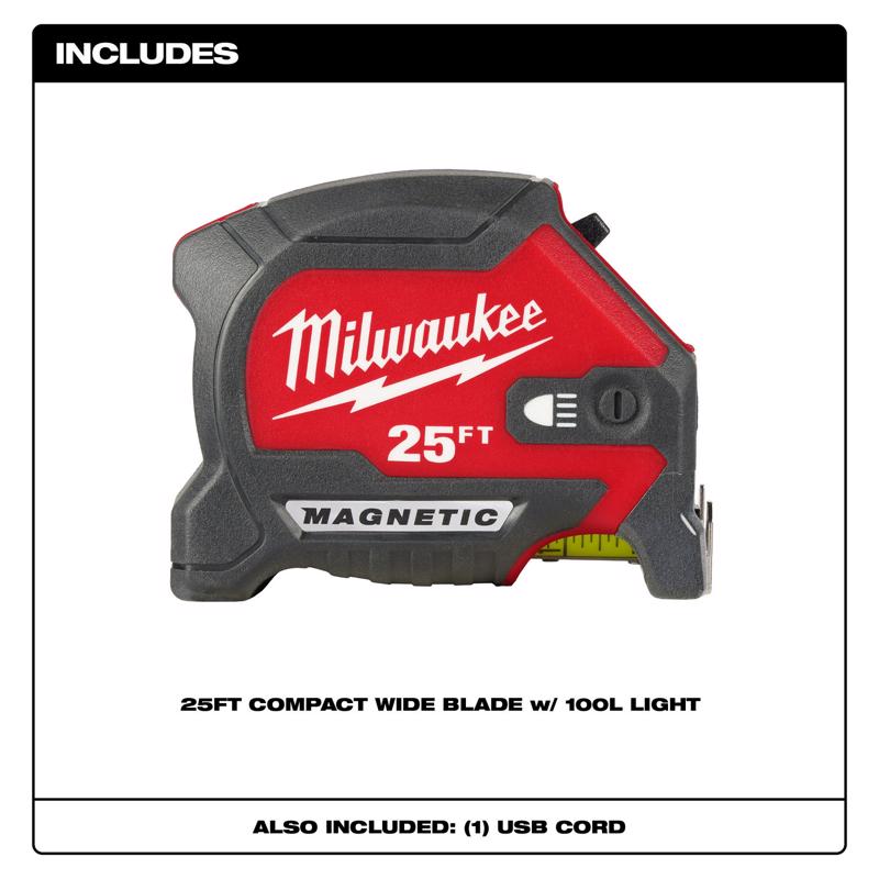 Milwaukee 25 ft. L X 2.05 in. W Compact Wide Blade with LED Light Magnetic Tape Measure