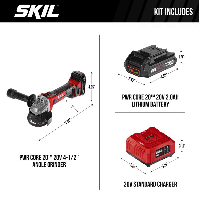SKIL 20V PWR CORE 20 Cordless 4-1/2 in. Angle Grinder Kit (Battery & Charger)