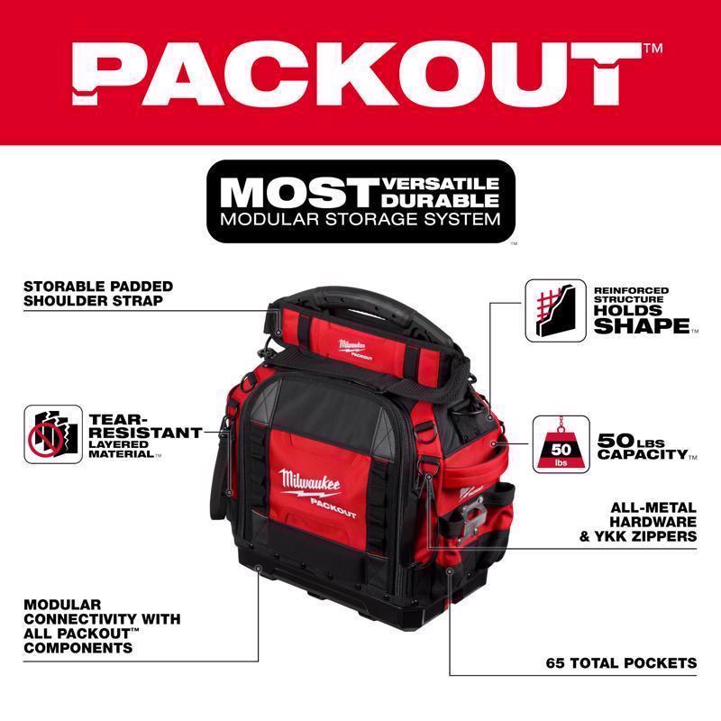 Milwaukee Packout 10 in. W X 19.75 in. H Ballistic 15" Structured Tool Bag 65 pocket Black/Red