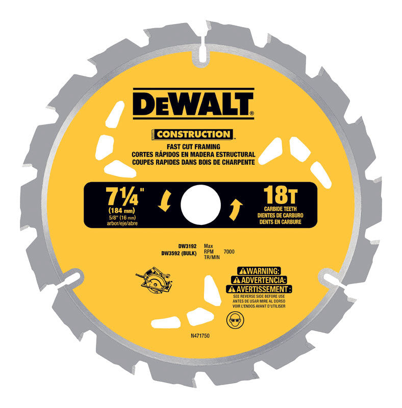 DeWalt 7-1/4 in. D X 5/8 in. Carbide Circular Saw Blade 18 teeth