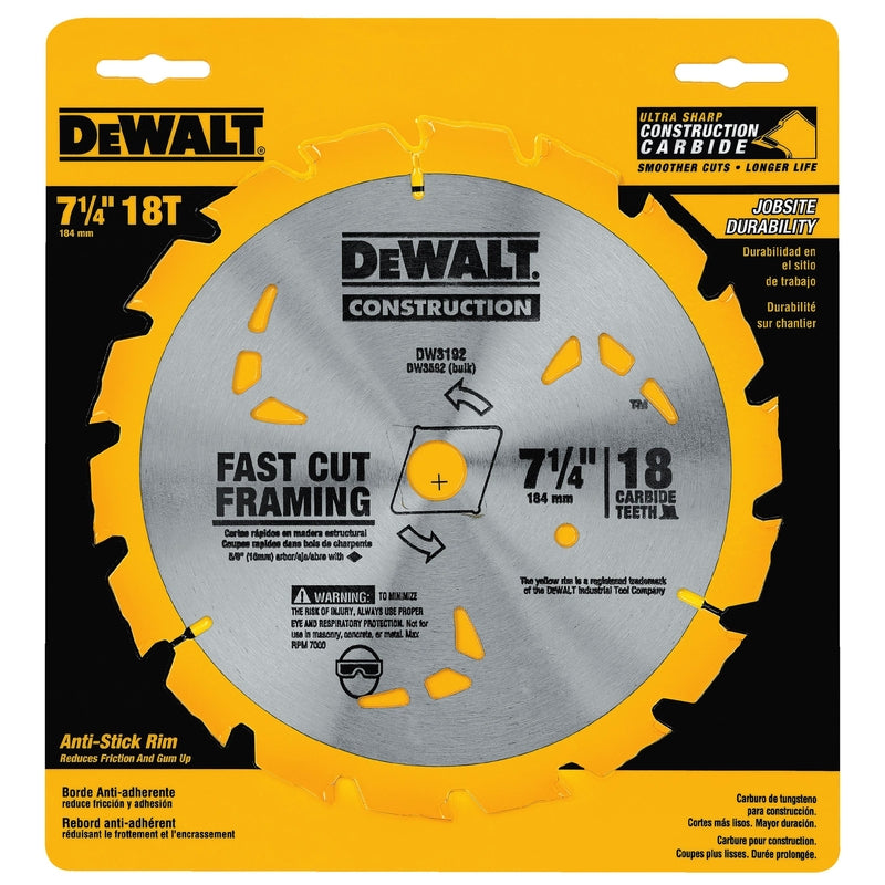 DeWalt 7-1/4 in. D X 5/8 in. Carbide Circular Saw Blade 18 teeth