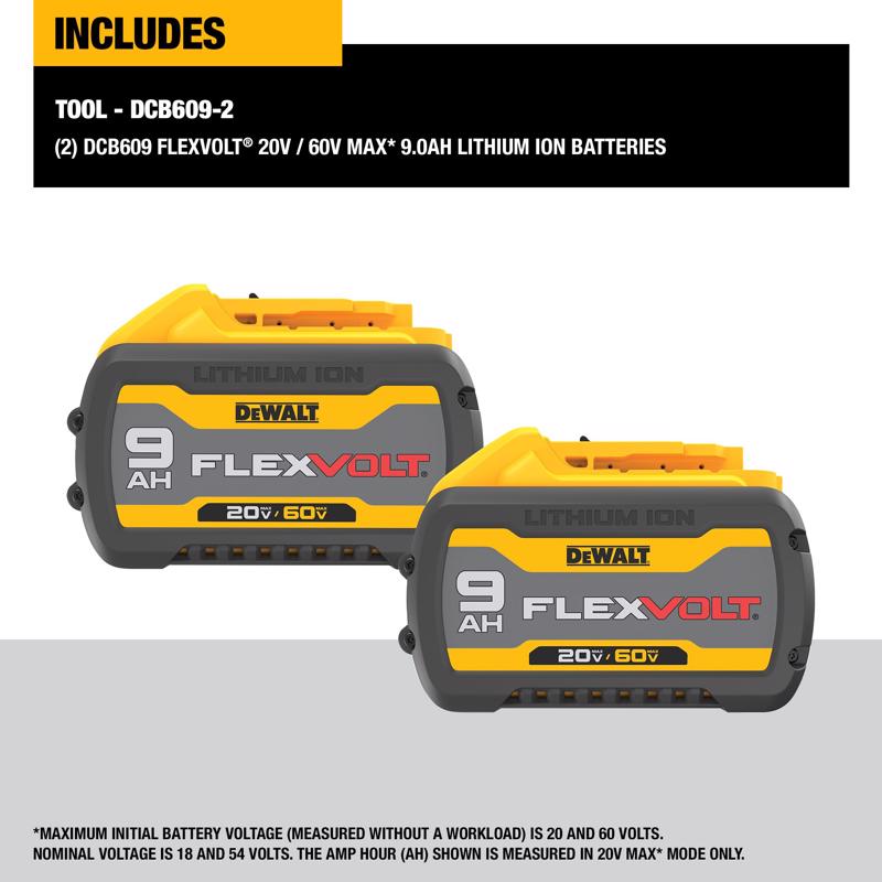 DeWalt 20V-60V MAX Flexvolt 9 Ah Lithium-Ion 9Ah 20V / 3Ah 60V Battery Combo Pack 2 pc