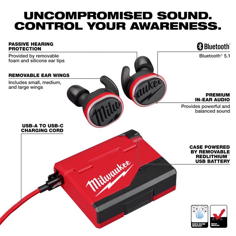 Milwaukee Redlithium Bluetooth Ear Plugs/Ear Phones With Mic Black/Red