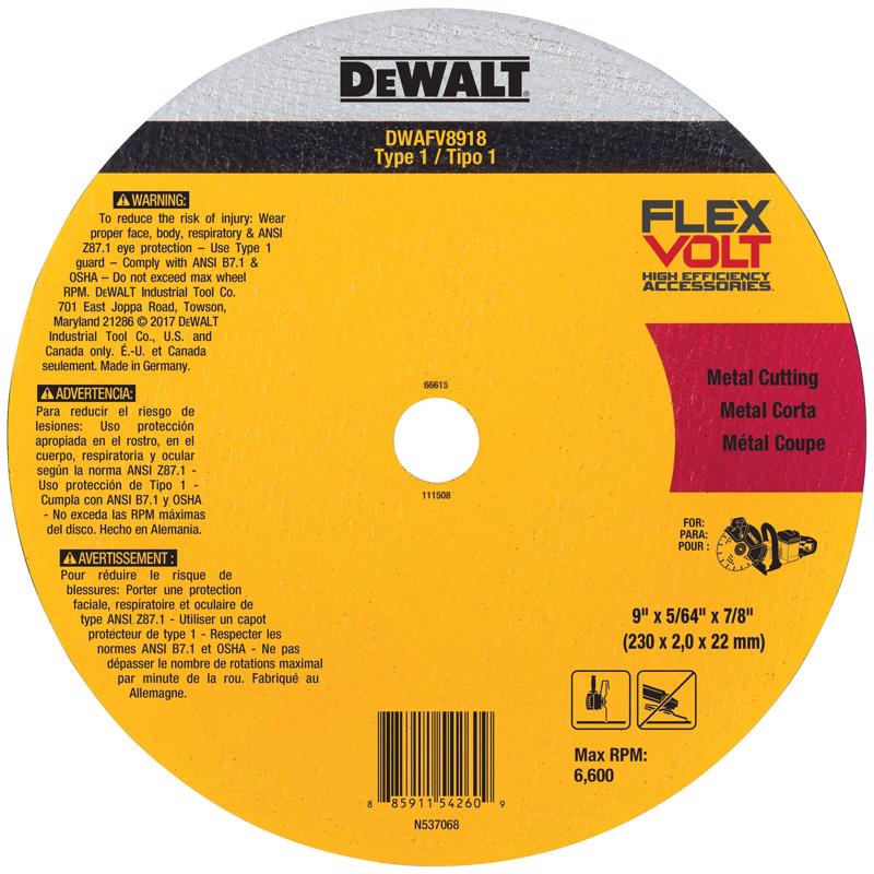 DeWalt FlexVolt 9 in. D X 7/8 in. Ceramic Metal Cutting Abrasive Wheel
