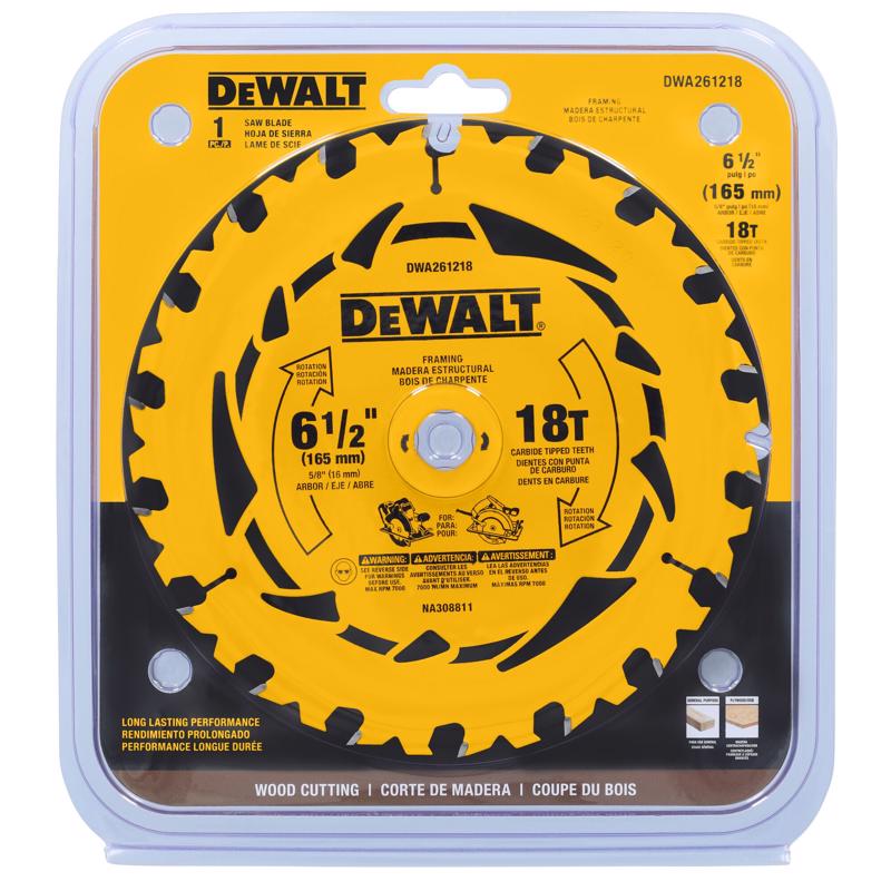 DeWalt 6-1/2 in. D X 5/8 in. Tungsten Carbide Tipped Circular Saw Blade 18 teeth