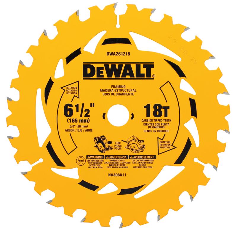 DeWalt 6-1/2 in. D X 5/8 in. Tungsten Carbide Tipped Circular Saw Blade 18 teeth
