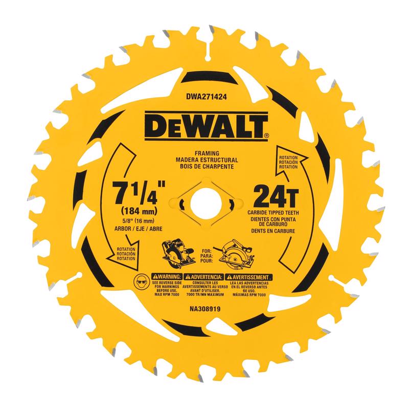 DeWalt 7-1/4 in. D X 5/8 in. Tungsten Carbide Tipped Circular Saw Blade 24 teeth