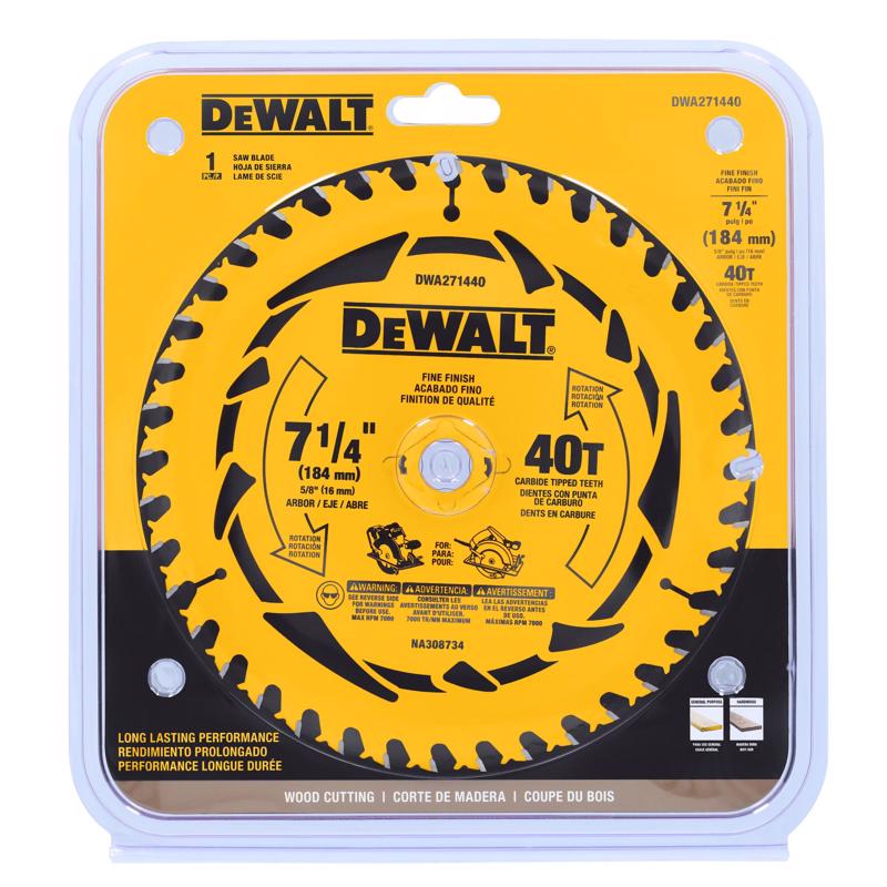 DeWalt 7-1/4 in. D X 5/8 in. Tungsten Carbide Tipped Circular Saw Blade 40 teeth