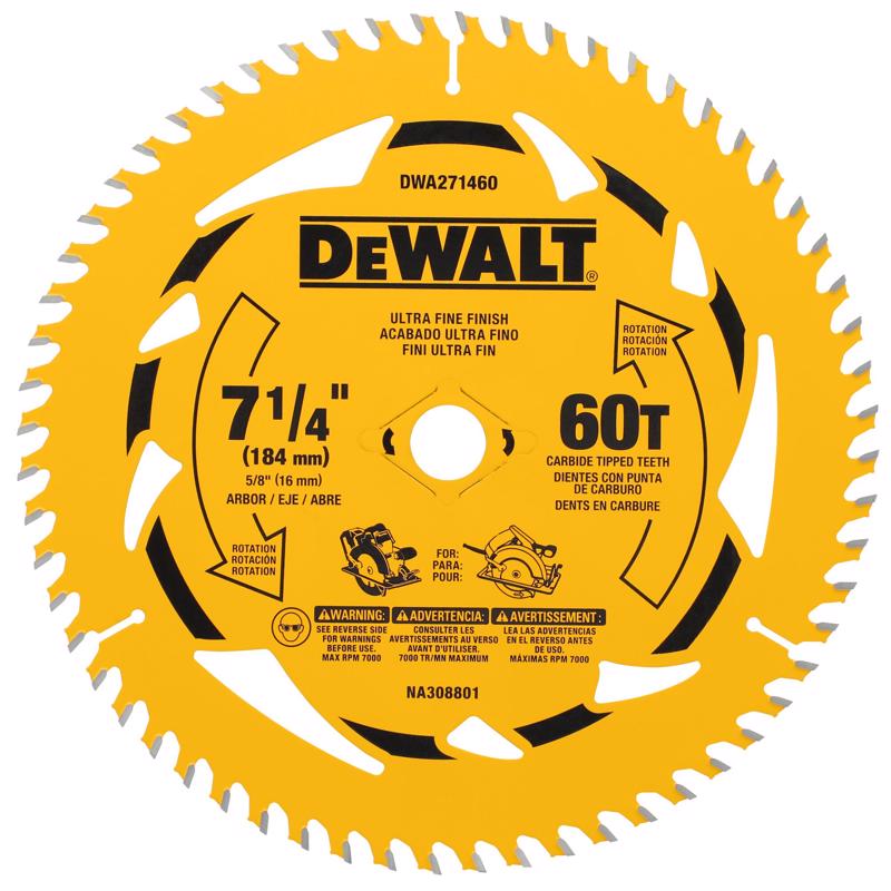 DeWalt 7-1/4 in. D X 5/8 in. Tungsten Carbide Tipped Circular Saw Blade 60 teeth
