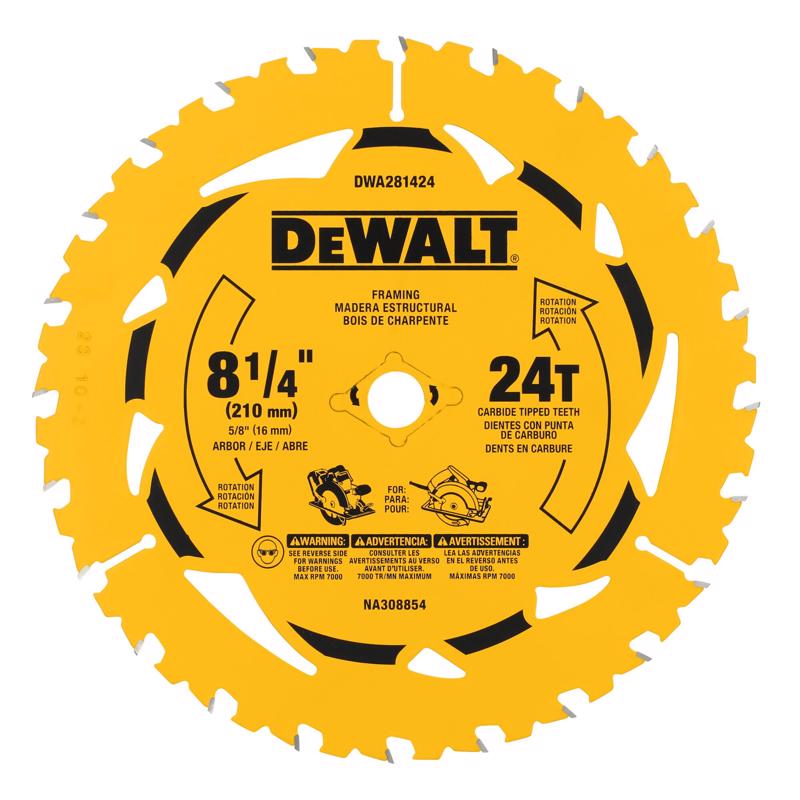 DeWalt 8-1/4 in. D X 5/8 in. Tungsten Carbide Tipped Circular Saw Blade 24 teeth