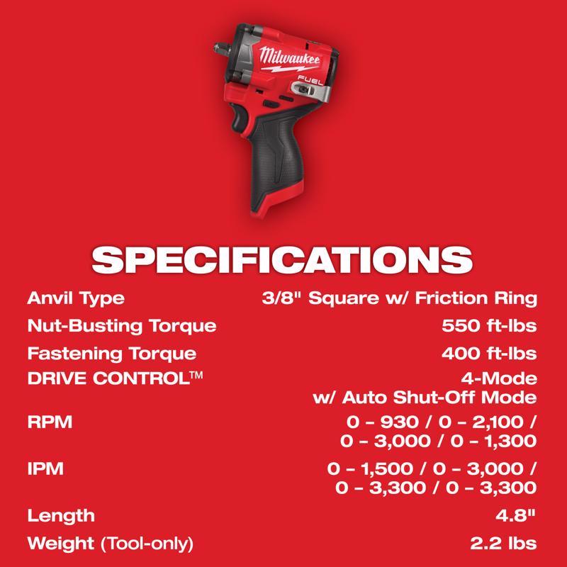 Milwaukee M12 FUEL M12 3/8 in. Cordless Brushless High Torque Impact Wrench Tool Only