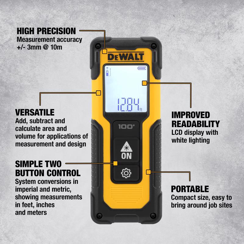 DeWalt 6.5 in. L X 3.8 in. W Laser Distance Measurer 100 ft. Black/Yellow