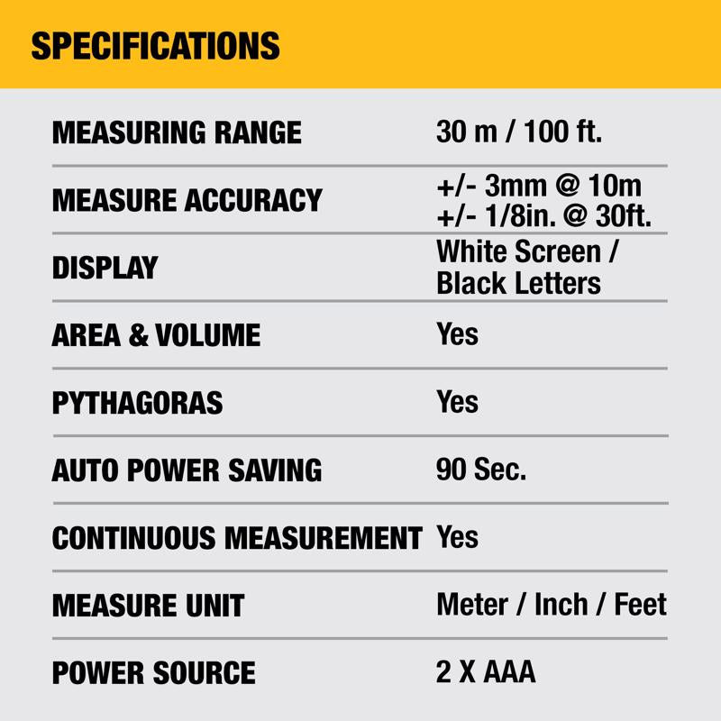 DeWalt 6.5 in. L X 3.8 in. W Laser Distance Measurer 100 ft. Black/Yellow
