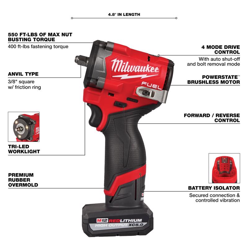 Milwaukee M12 3/8 in. Cordless Brushless Impact Wrench Kit (Battery & Charger)