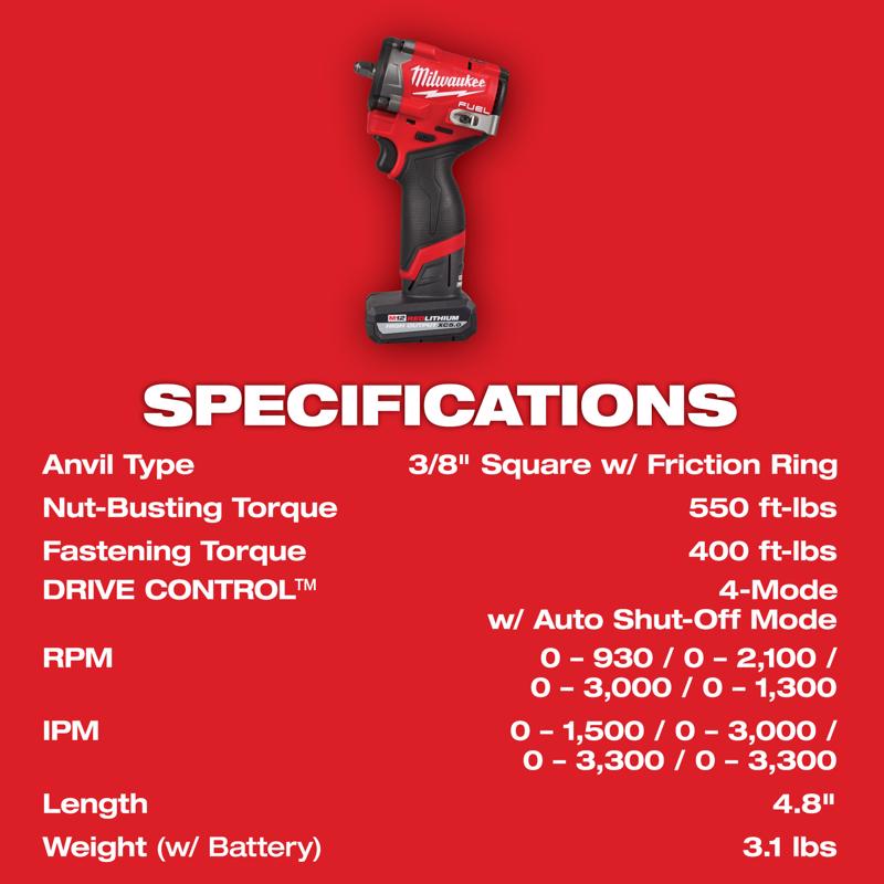 Milwaukee M12 3/8 in. Cordless Brushless Impact Wrench Kit (Battery & Charger)