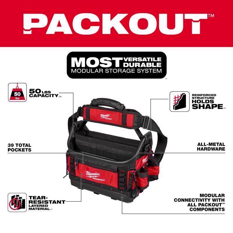 Milwaukee Packout Ballistic Polyester Structured Tote Bag 39 pocket Black/Red